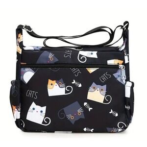 Black Cat Print Multi-Pocket Crossbody Bag Women Medium Nylon New